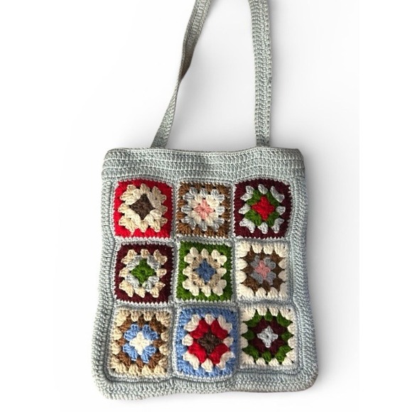 Handmade Handbags - Crocheted BOHO Granny Square Blue Shoulder Tote Bag Handmade Unlined